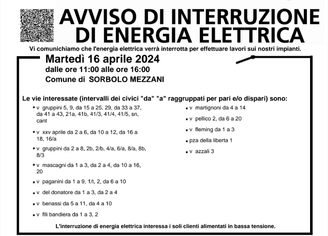 INTERRUZIONE ENERGIA ELETTRICA MARTEDI' 16 APRILE