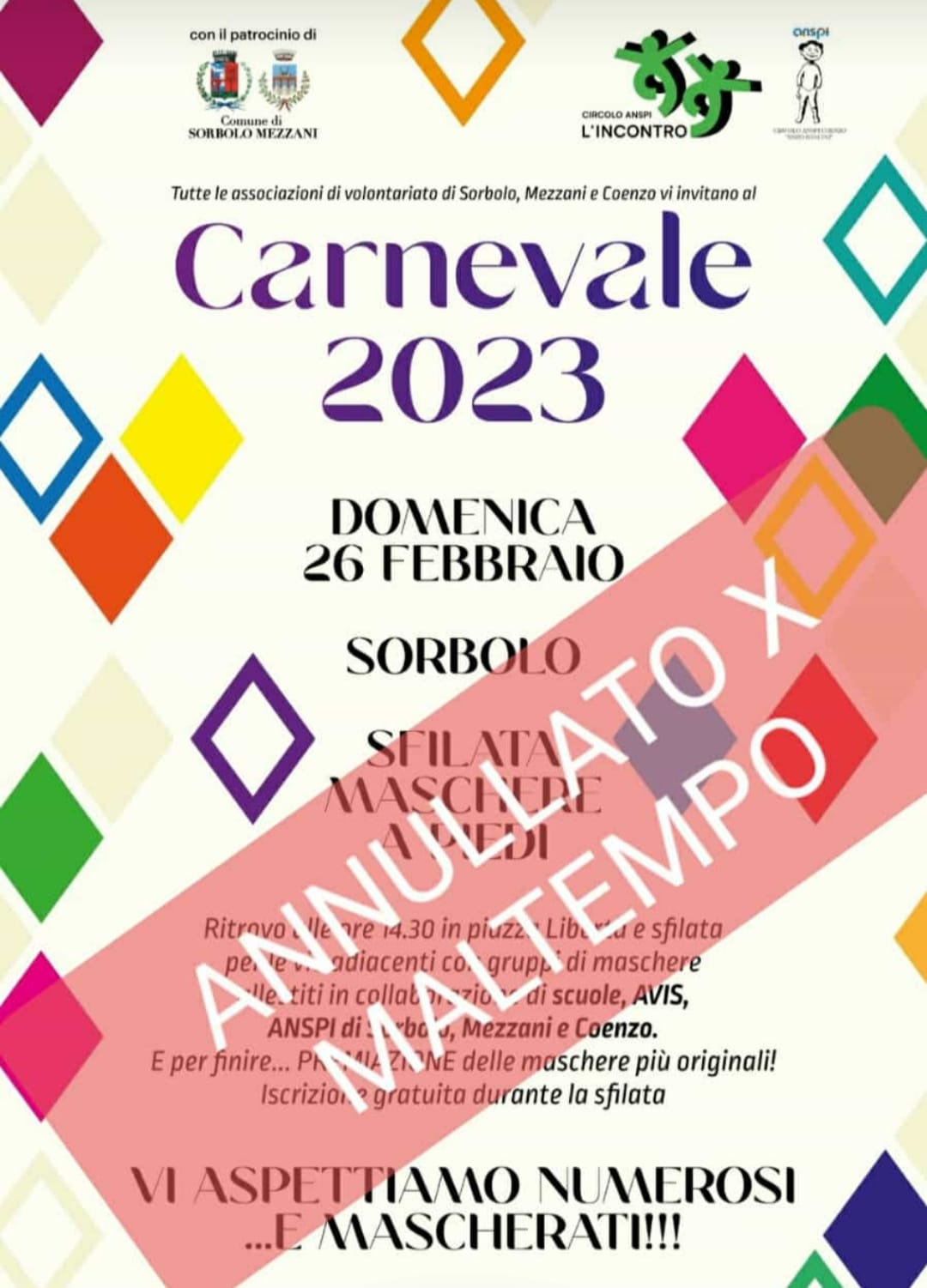 Carnevale annullato causa maltempo