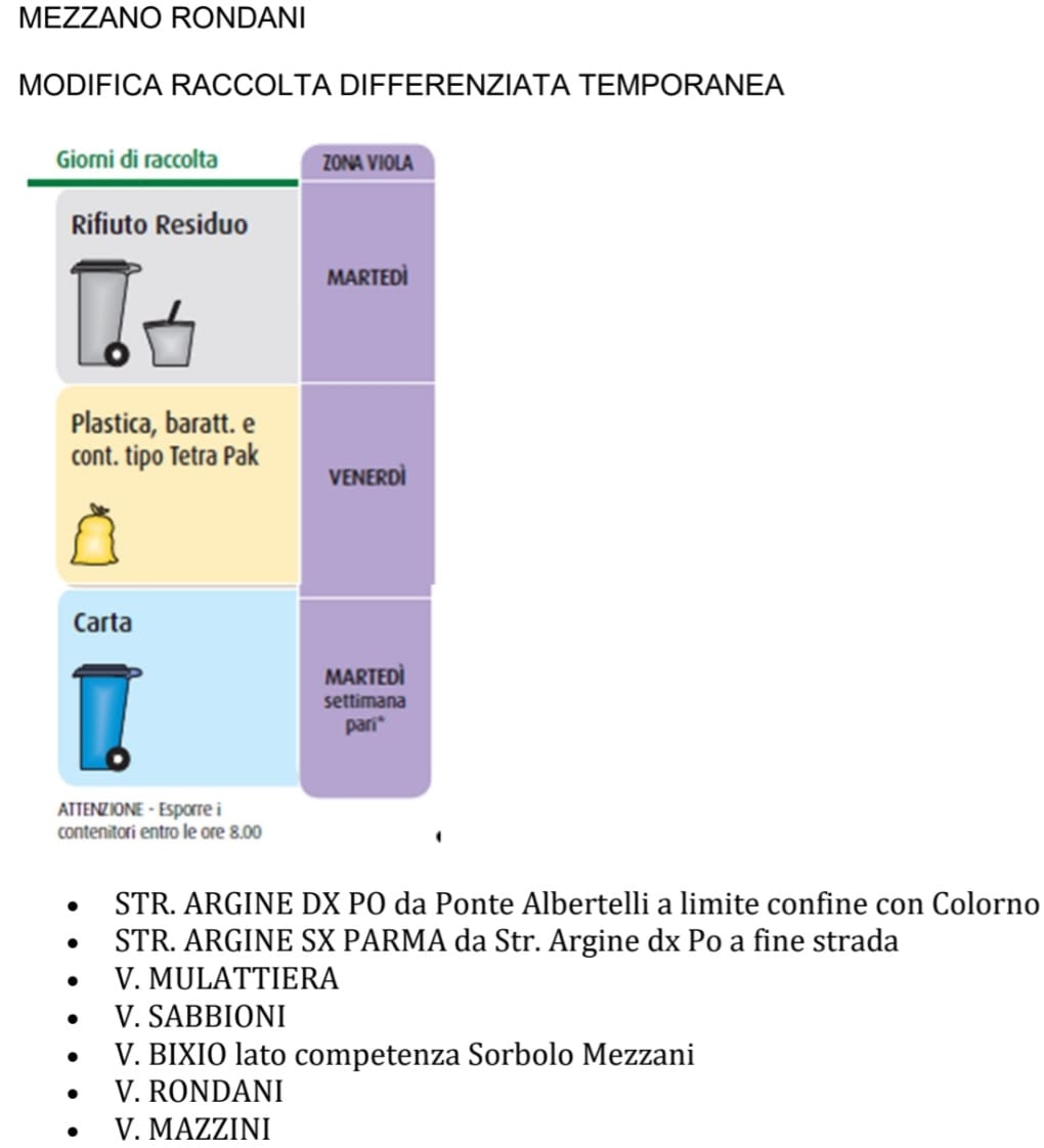 MODIFICA TEMPORANEA RACCOLTA DIFFERENZIATA  A MEZZANO RONDANI