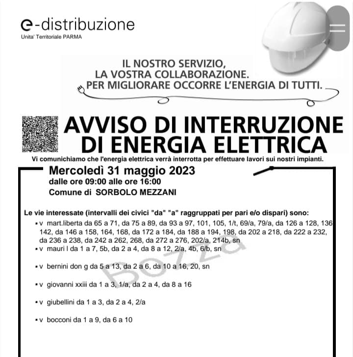 Interruzione energia elettrica dalle 9 alle 16 di mercoledi 31 maggio a mezzano inferiore 