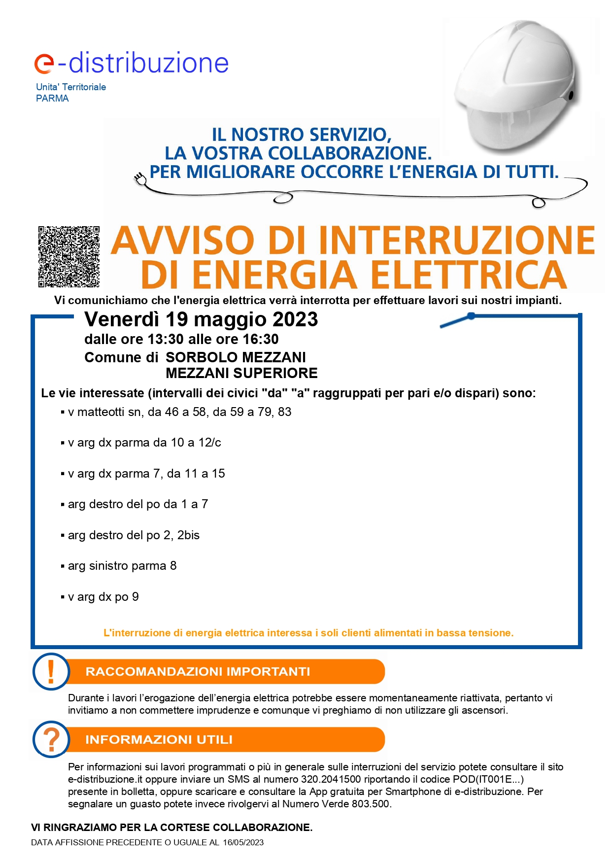 Interruzione energia elettrica venerdi' 19 maggio