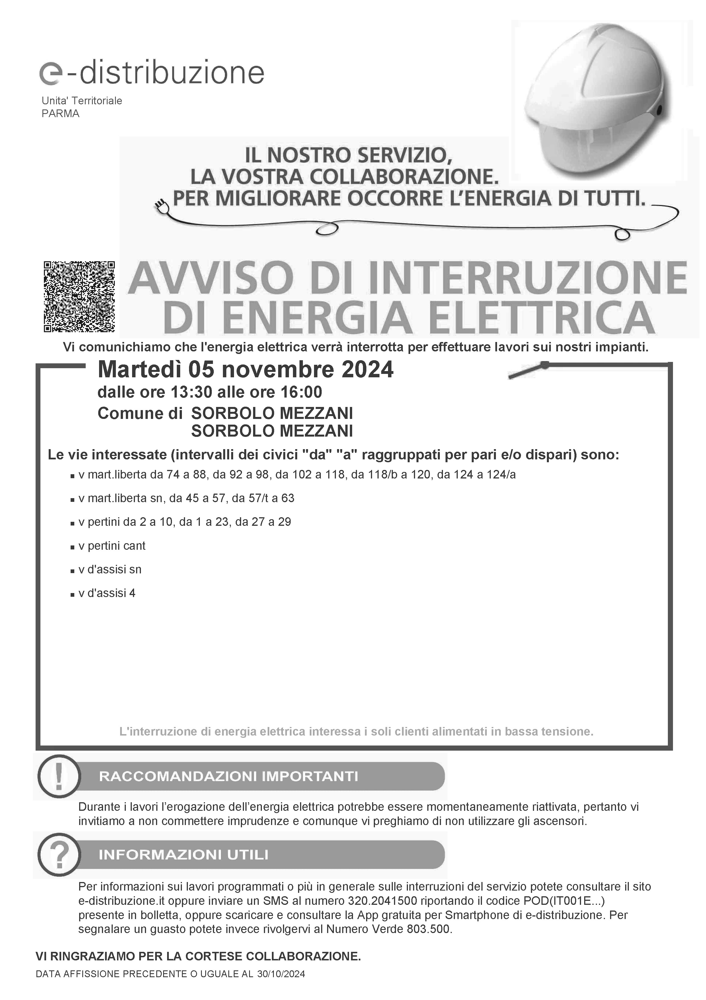 🔌 Avviso interruzione energia elettrica - Martedì 5 novembre 2024